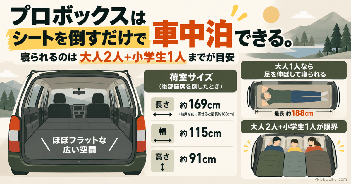 プロボックスの車中泊スペース|大人2人と小学生1人までの荷室サイズと寝る方法