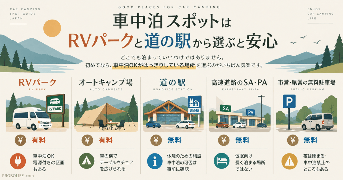 プロボックスの車中泊スポット|RVパーク・道の駅・オートキャンプ場など5つの選択肢を比較