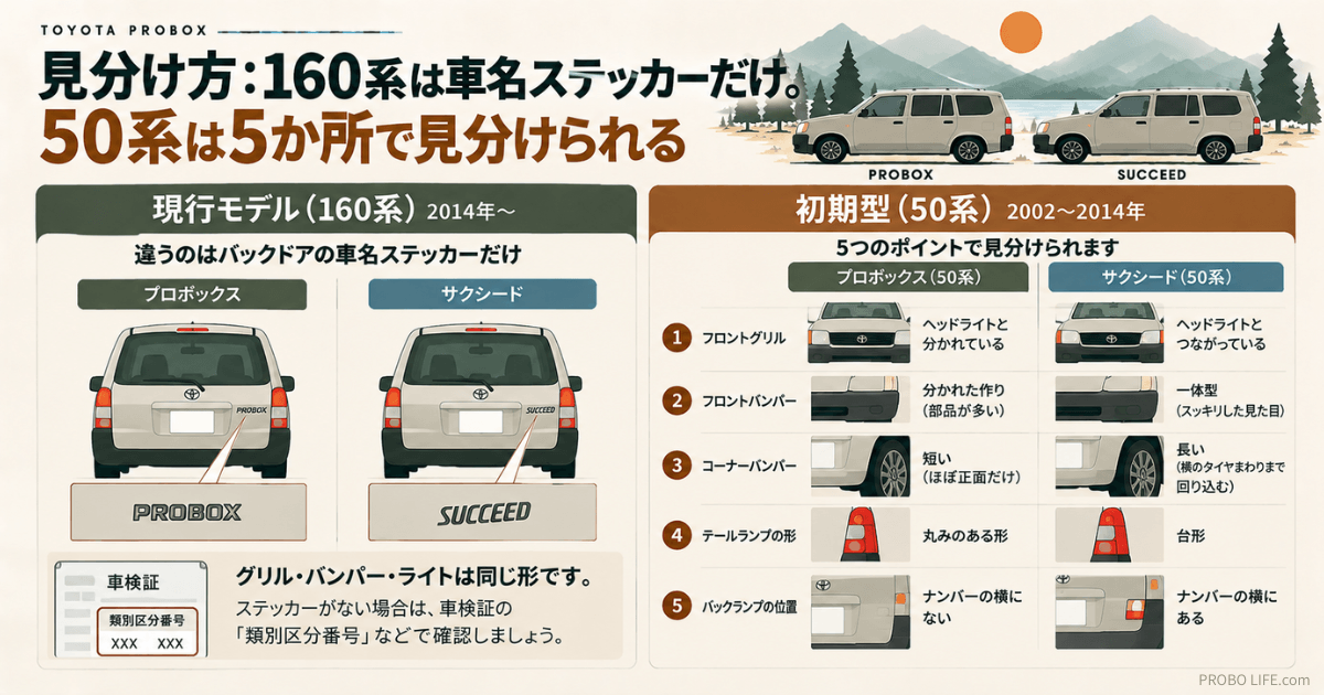 トヨタ・プロボックスとサクシードの見分け方を解説する図解。現行160系はバックドアの車名ステッカーで区別でき、初期型50系はフロントグリル、フロントバンパー、コーナーバンパー、テールランプ、バックランプの位置という5つの違いで見分けられる。ステッカーがない場合の車検証の類別区分番号による確認方法も紹介
