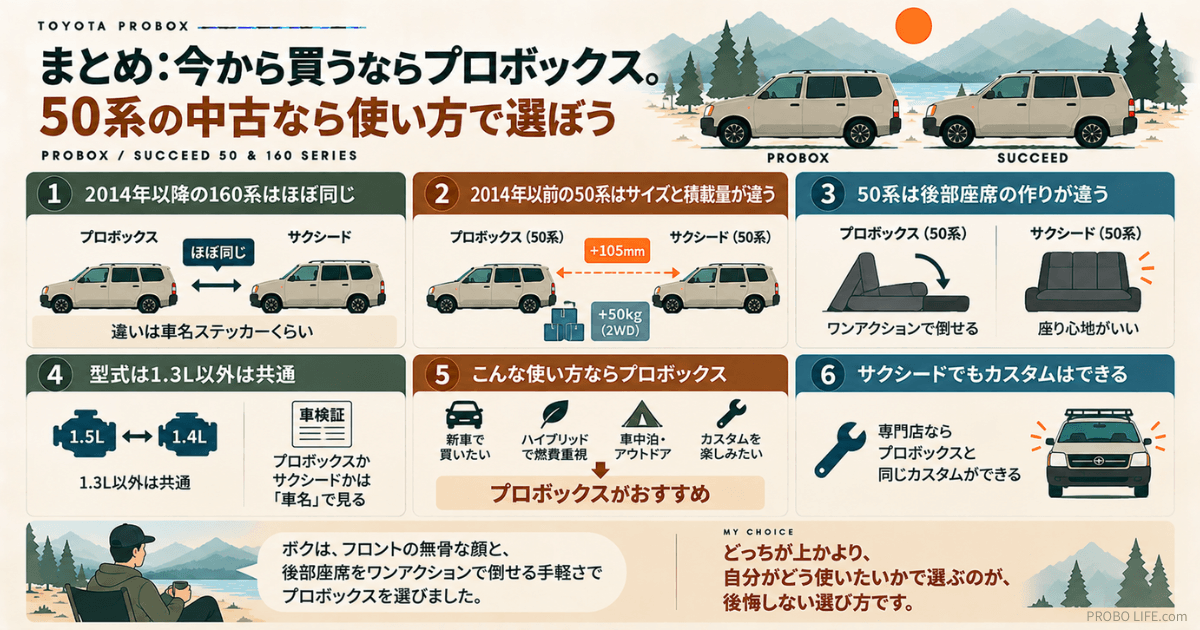 プロボックスとサクシードの違いを比較。160系と50系のサイズ・積載量・後部座席・型式の違いや、新車・ハイブリッド・車中泊・カスタムに適した車種を図解