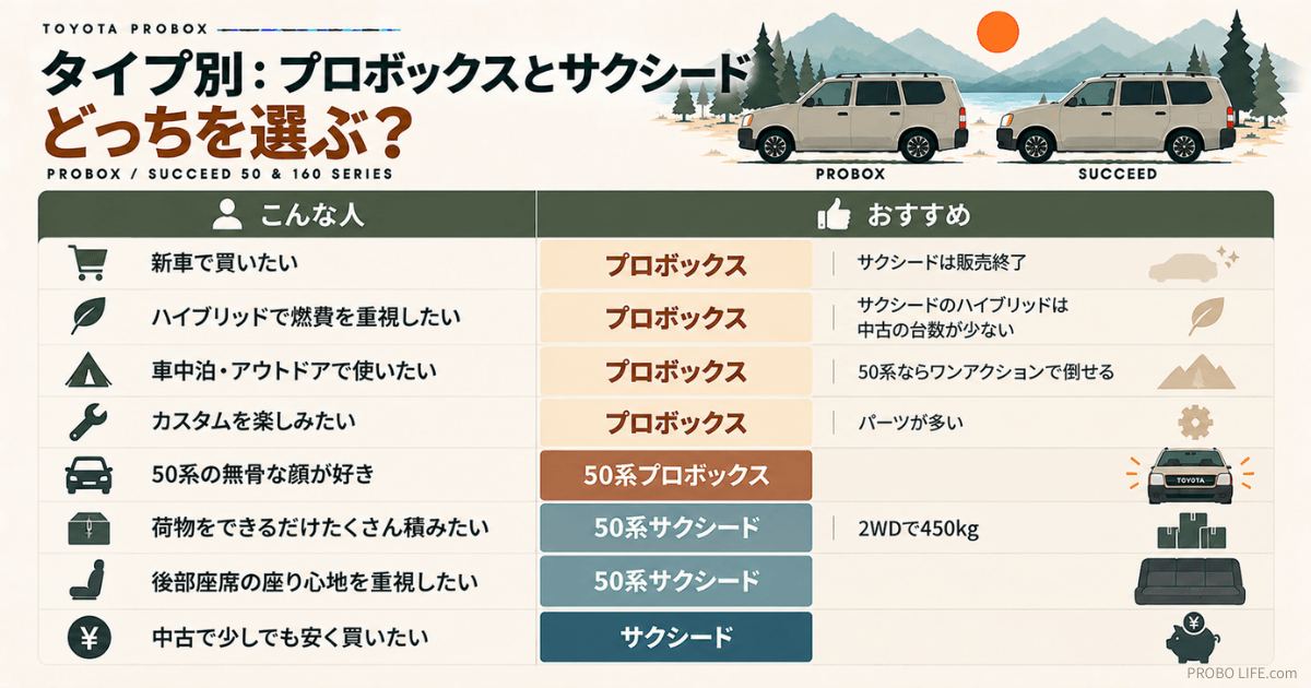 プロボックスとサクシードの選び方を用途別に比較。新車・燃費・車中泊・カスタム・積載量・後部座席の快適性・中古価格からおすすめ車種を紹介