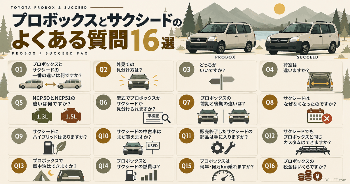 プロボックスとサクシードのよくある質問16選。外見の見分け方、荷室や型式の違い、燃費、中古車、部品、カスタム、車中泊、維持費を図解
