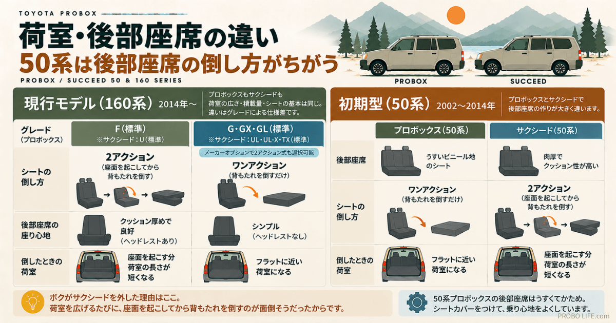 トヨタ・プロボックスとサクシードの荷室・後部座席の違いを比較した図解。現行160系はグレードによってシートの倒し方が異なり、Fは2アクション式、G・GX・GLはワンアクション式が標準で、メーカーオプションで変更可能。初期型50系はプロボックスがワンアクション式、サクシードが2アクション式で、後部座席の厚みや荷室の広さにも違いがある