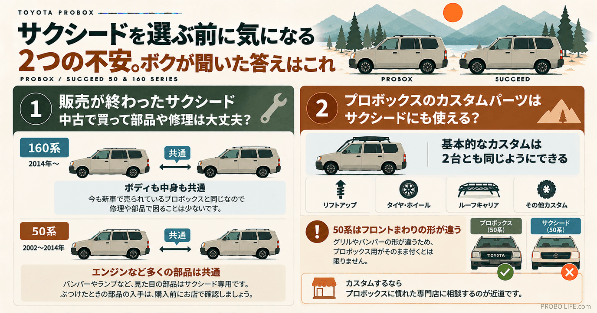 サクシードの部品・修理の注意点とプロボックスのカスタムパーツの互換性を50系・160系の違いとともに比較した図解