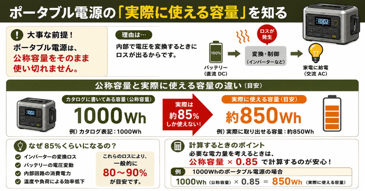 ポータブル電源の実際に使える容量を解説したインフォグラフィック。1000Whでも実効容量は約850Whとなる理由や変換ロス、公称容量との違いを図解で紹介