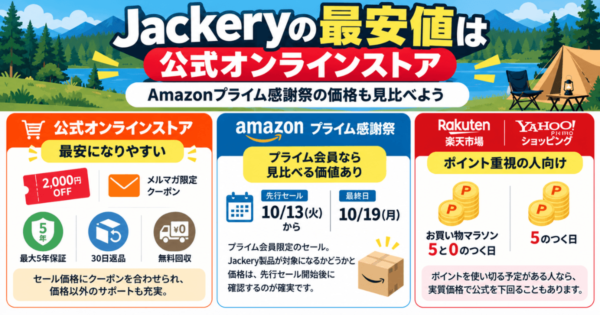 Jackeryの最安値を比較|公式オンラインストア・Amazon・楽天市場・Yahoo!ショッピングのセール価格とポイント