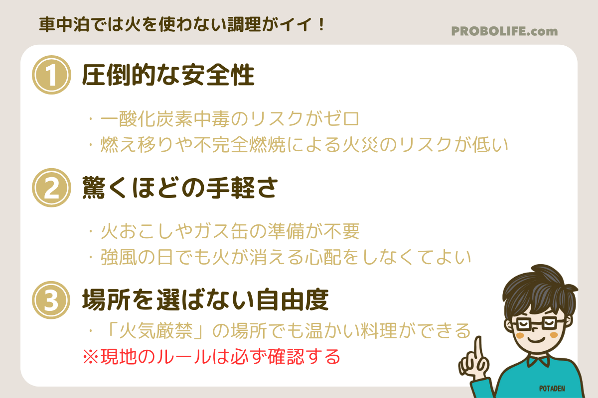 車中泊では火を使わない調理が良い理由