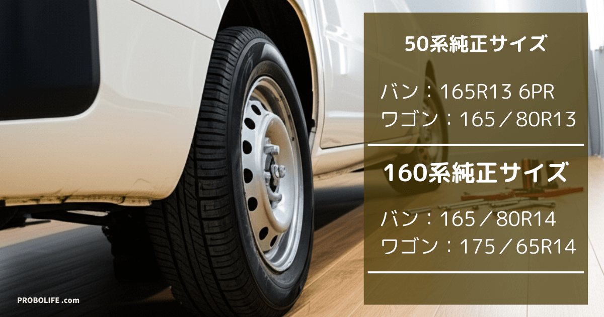 純正タイヤサイズ一覧【50系・160系バン／ワゴン別】