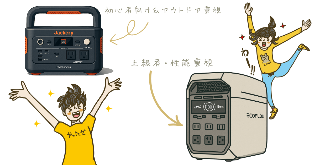 初心者・アウトドア重視なら「Jackeryジャクリ 」、上級者・性能重視なら「EcoFlowエコフロー 」