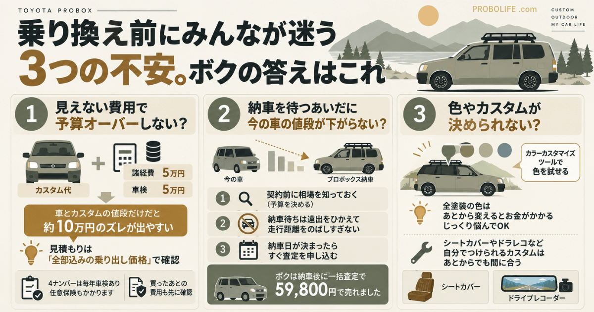 プロボックス乗り換え前に迷う3つの不安を解説した図解。見えない費用による予算オーバー、納車までの今の車の価値下落、色やカスタムを決められない悩みと対策を紹介