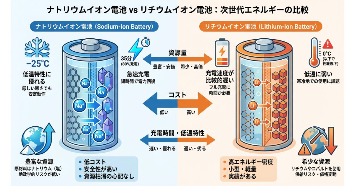 ナトリウムイオン電池とリチウムイオン電池の比較図解