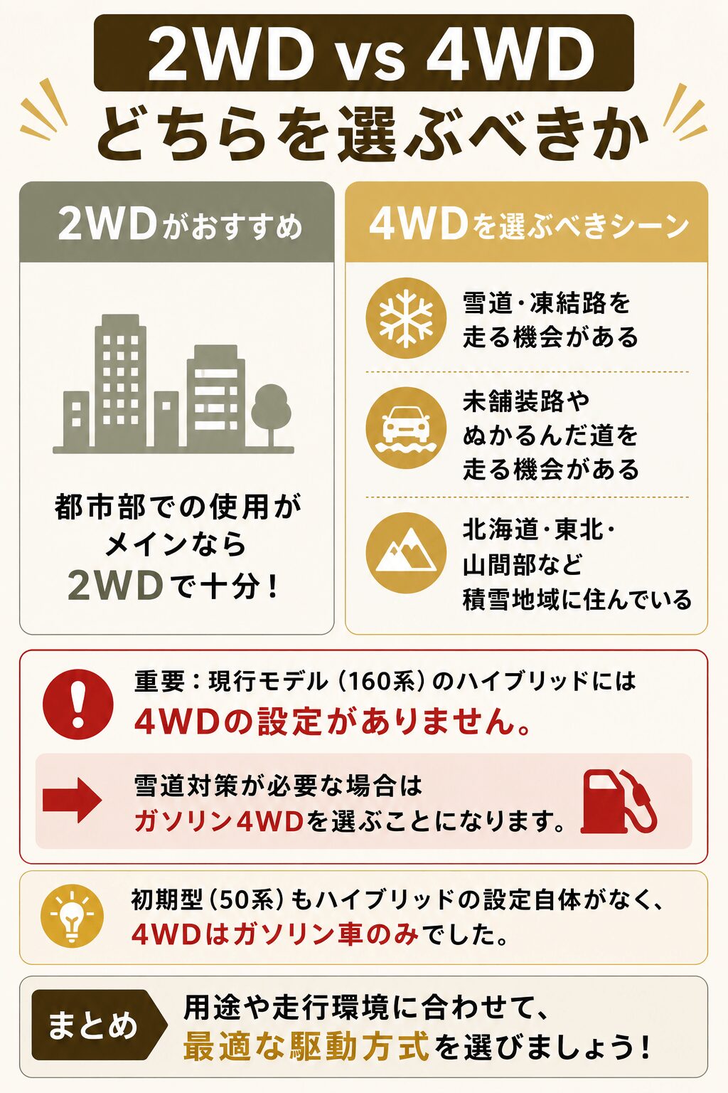 プロボックスの2WDと4WDの選び方を比較したシンプルなインフォグラフィック。都市部メインなら2WDで十分であること、雪道・凍結路・未舗装路・積雪地域では4WDがおすすめであることを大きな文字とアイコンで解説。現行160系ハイブリッドには4WD設定がなく、雪道対策ならガソリン4WDを選ぶ必要がある点も強調したスマホ向け画像。右下にPROBOLIFE.comのウォーターマーク入り