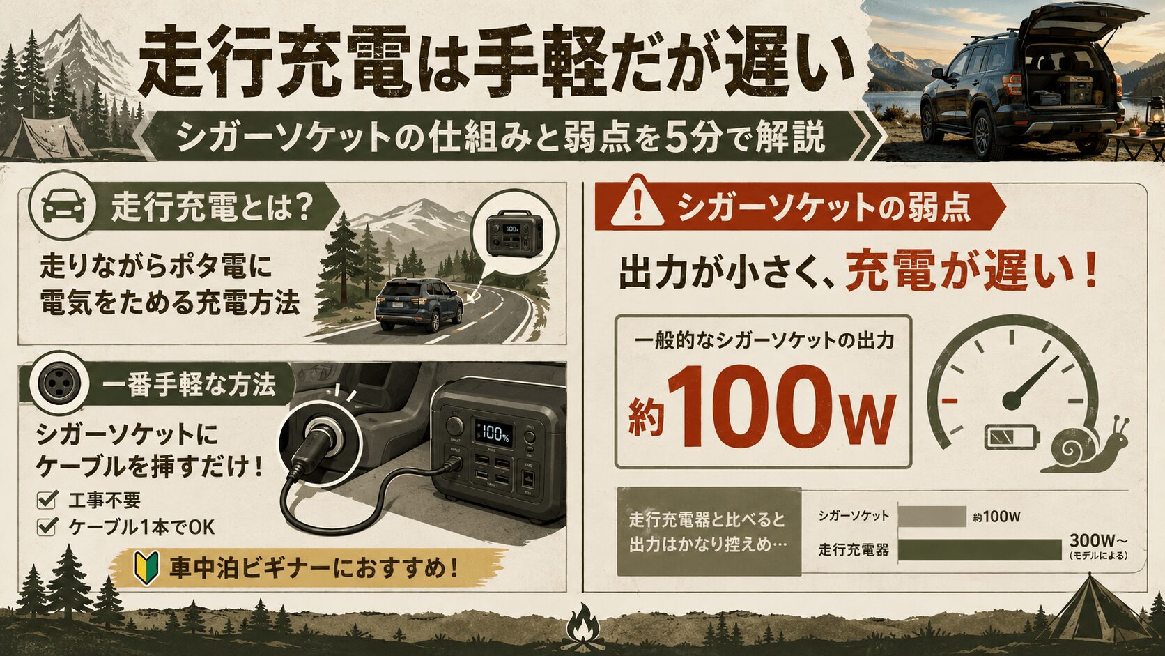 走行充電は手軽だが遅い|シガーソケット充電の仕組みと弱点を解説するアウトドア風インフォグラフィック。車中泊やキャンプでの走行充電方法、シガーソケット約100Wの低出力による充電速度の遅さを図解。
