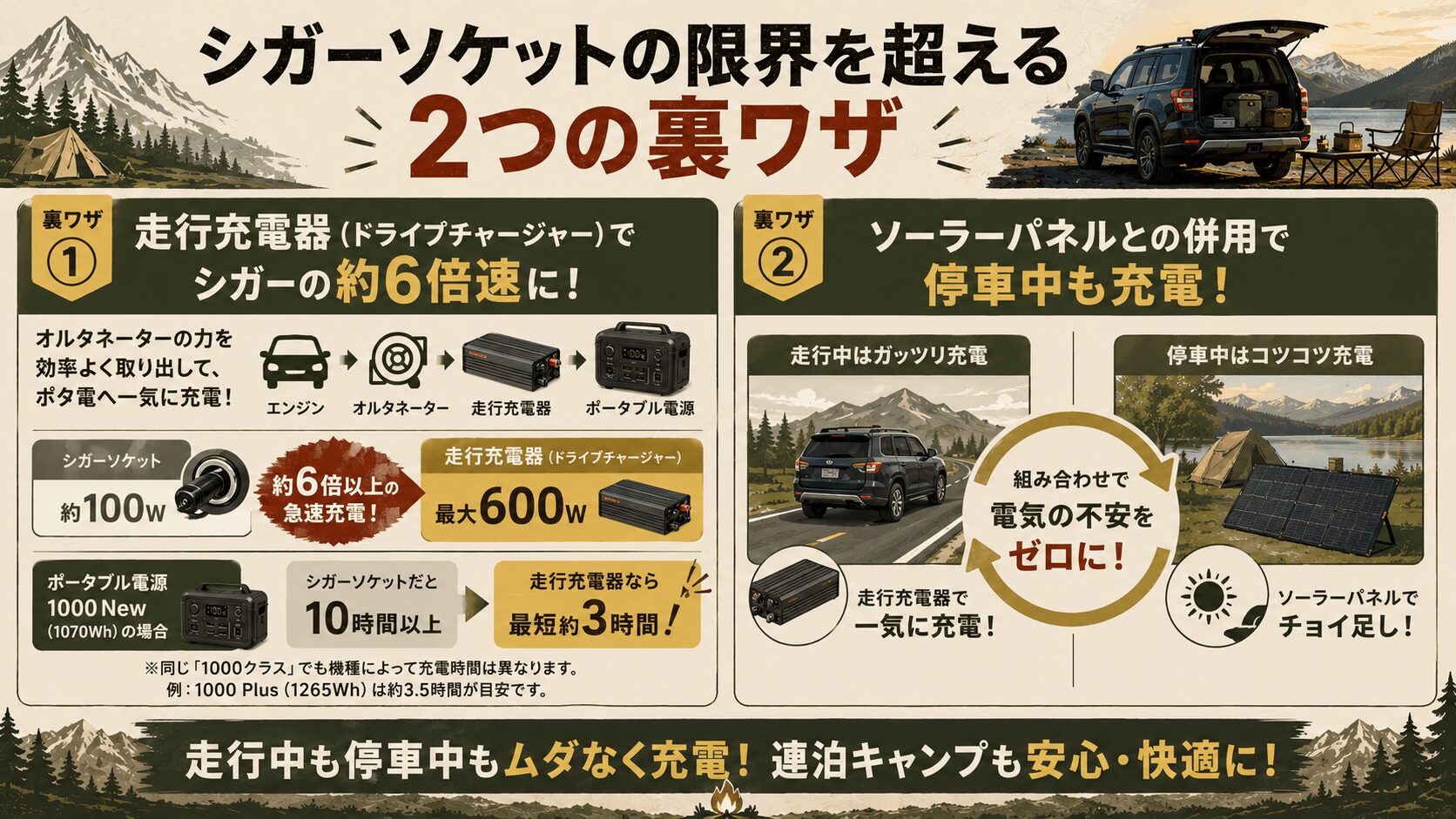 シガーソケットの限界を超える2つの裏ワザを解説したインフォグラフィック。走行充電器による最大600Wの急速充電と、ソーラーパネル併用による停車中充電のメリットを図解。