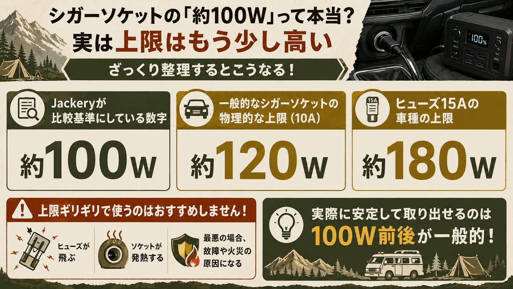 シガーソケットの出力上限100W・120W・180Wの違いと走行充電の実力を解説したインフォグラフィック