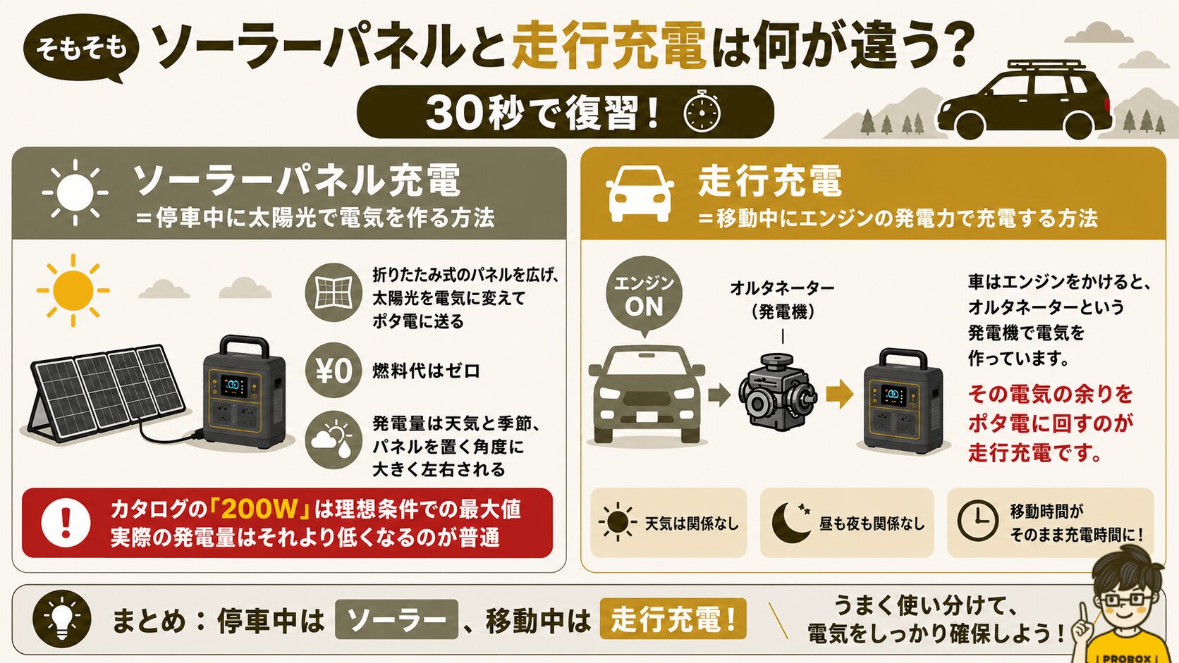 車中泊向けにソーラーパネル充電と走行充電の違いを比較。発電方法や特徴、メリット・デメリットを30秒で理解できる図解