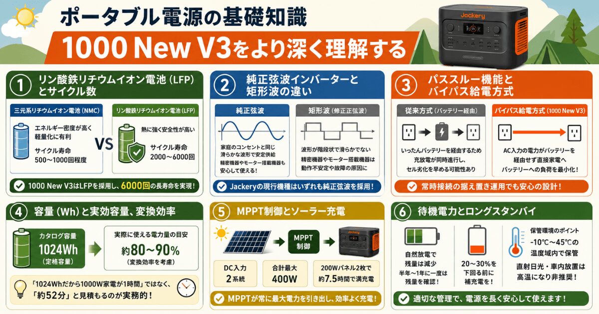ポータブル電源の基礎知識を図解で解説したインフォグラフィック。リン酸鉄リチウムイオン電池、純正弦波、パススルー、MPPT制御、実効容量、待機電力のポイントを紹介
