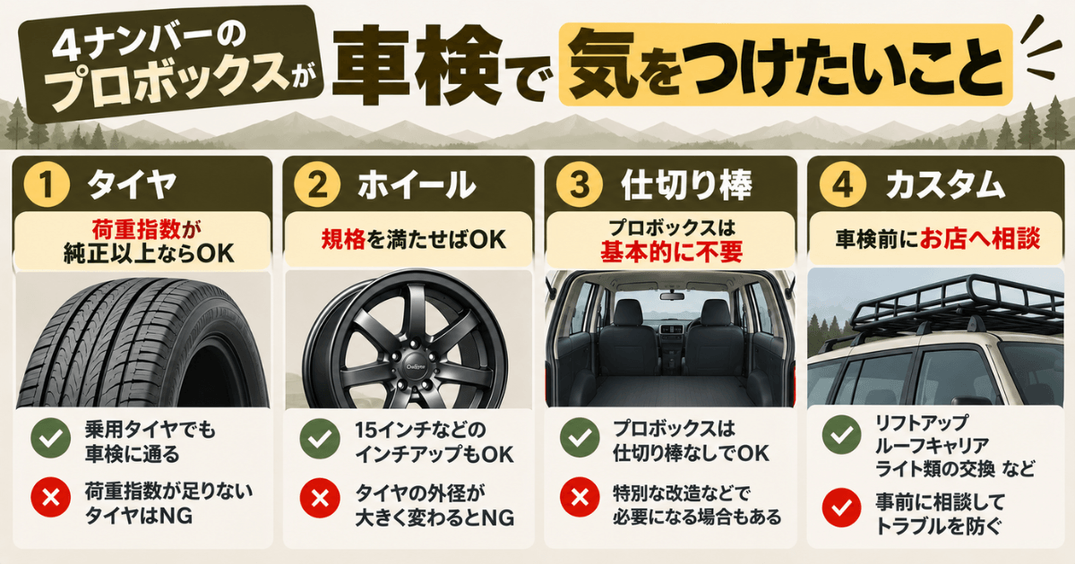 4ナンバーのプロボックスが車検で気をつけたいこと|タイヤ・ホイール・仕切り棒・カスタムの注意点