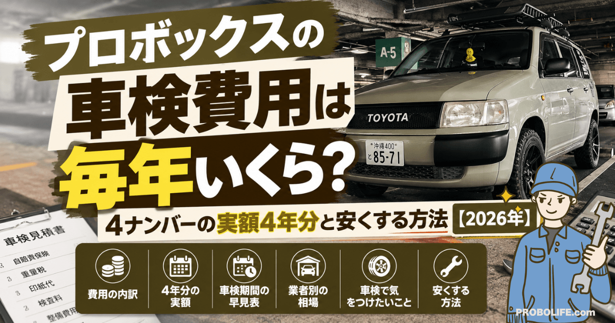 プロボックスの車検費用を4ナンバーの実額4年分と安くする方法で解説するアイキャッチ画像