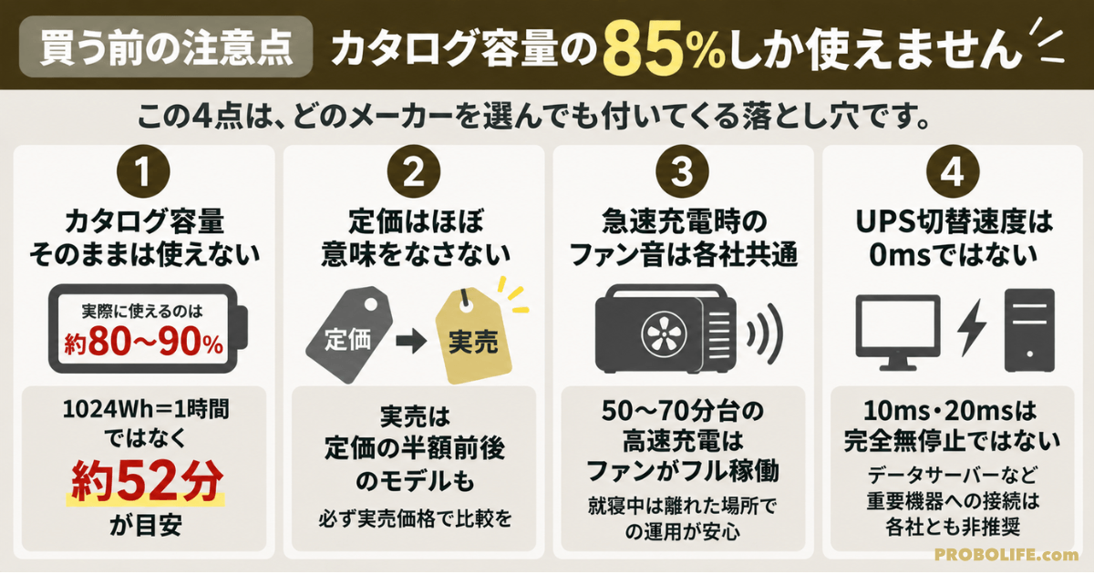 ポータブル電源を買う前に確認したい4つの注意点を解説。実際に使える容量、実売価格、急速充電時のファン音、UPSの切替速度をまとめた図解